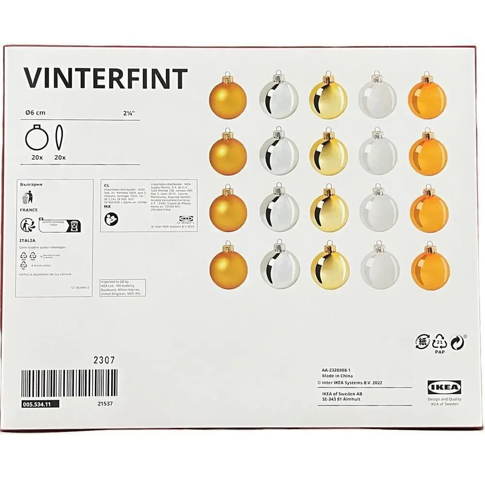 IKEA VINTERFINT Gold & Silver Tones Glass Ornaments Set of (20) 2 1/4